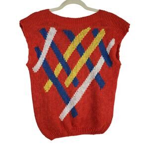 Vintage Patsys Place Size M Knit Sweater Vest Bright Red Stripe Eclectic Grandpa